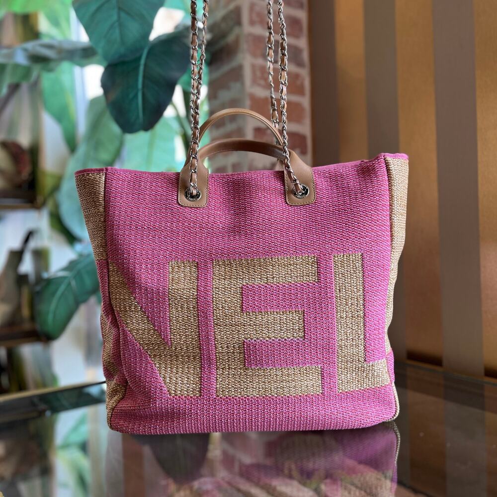 CHANEL Deauville Large Printed Logo Mixed Fibers Shopping Tote - Picture 2 of 15